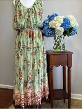 Taylor Mint Green Maxi Dress with Rust Tribal Print
